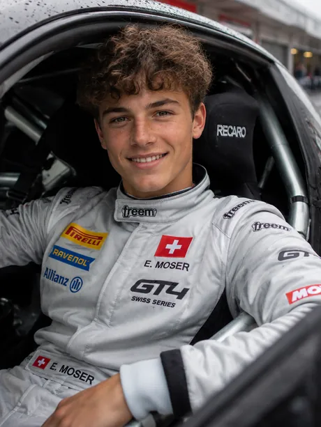 Example profile Elias Moser — Sports Car, CH · Consistency 81, Learning rate 88, Cleanliness 83, Racecraft 79 · fictional profile