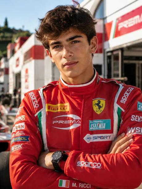 Example profile Matteo Ricci — Formula, IT · Consistency 94, Learning rate 72, Cleanliness 90, Racecraft 85 · fictional profile