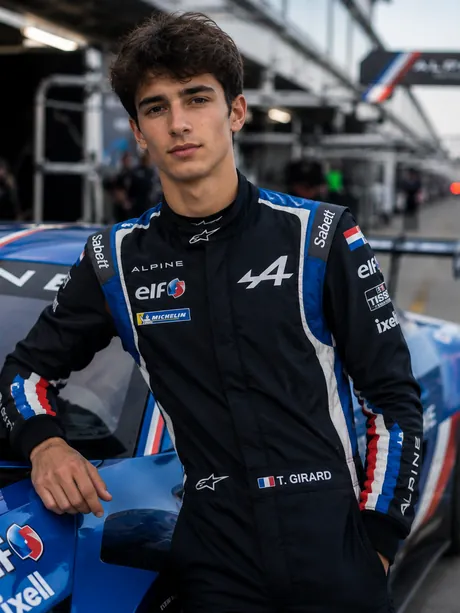Example profile Théo Girard — Sports Car, FR · Consistency 86, Learning rate 91, Cleanliness 74, Racecraft 88 · fictional profile